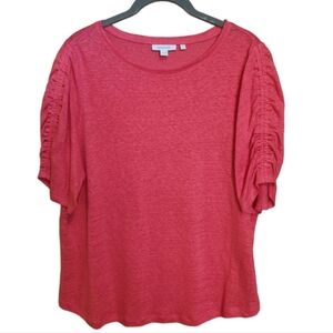 CHICO'S 100% LINEN SOFT RUCHED SHORT SLEEVE PINK TOP SHIRT SIZE LARGE - 2